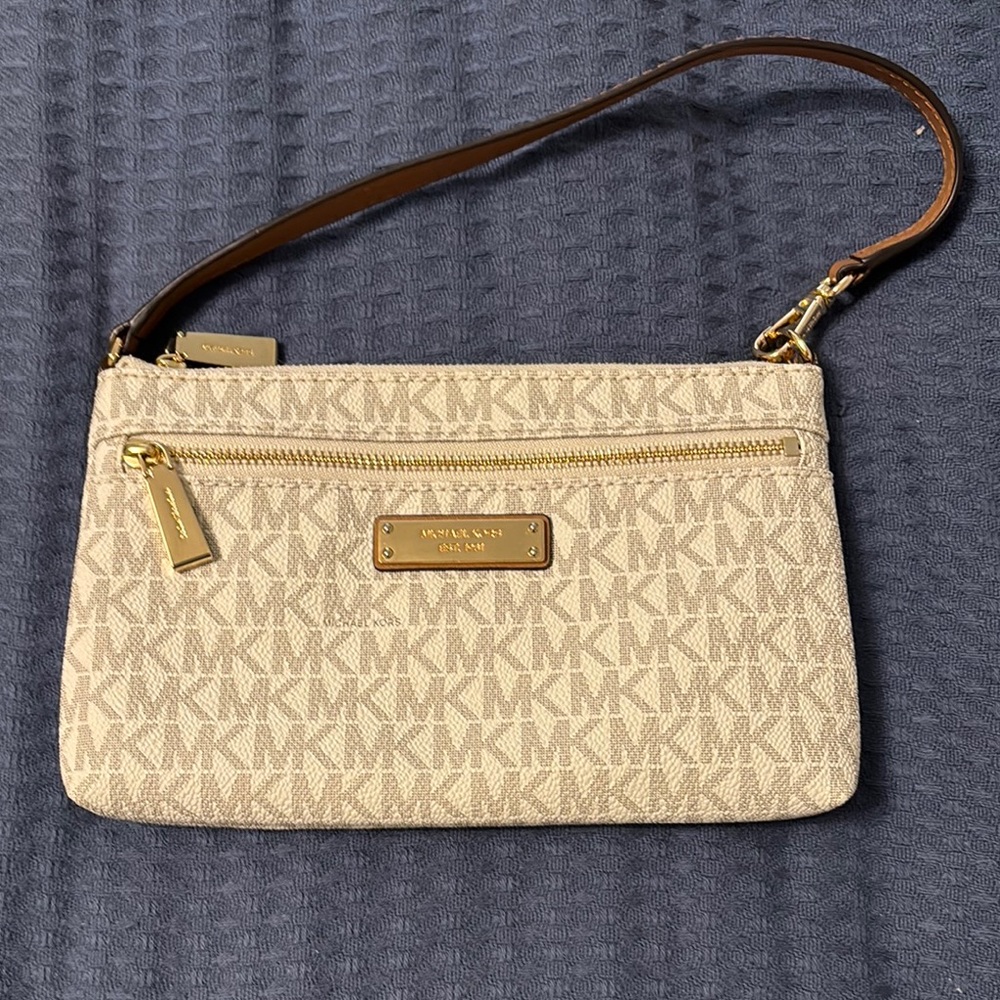 Michael Kors Cream and Brown Shoulder Bag with Monogram Pattern
